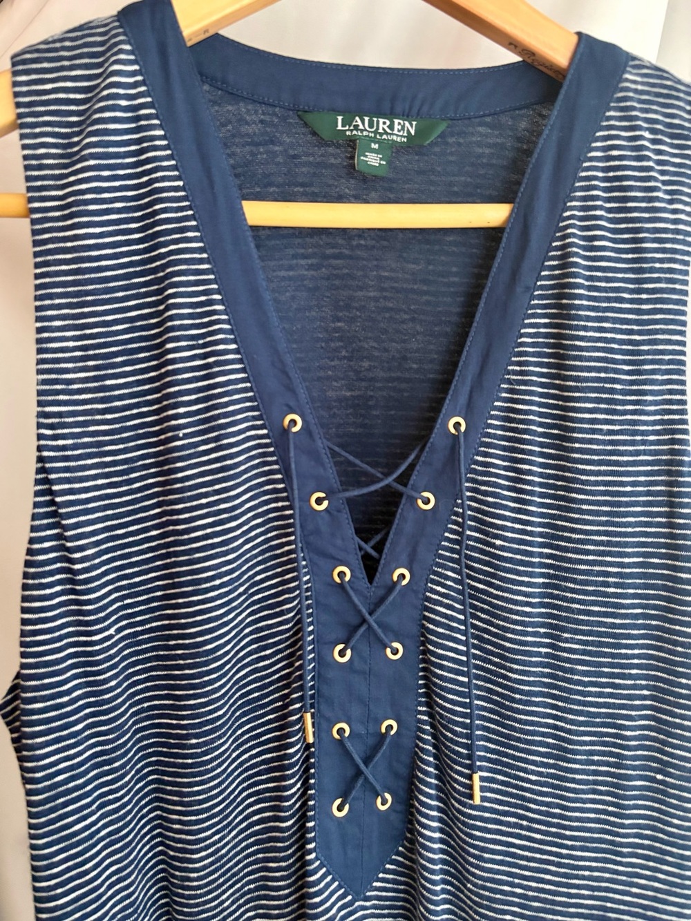 Ralph Lauren Navy Linen Striped Lace-Up Maxi Dress - Picture 3 of 8